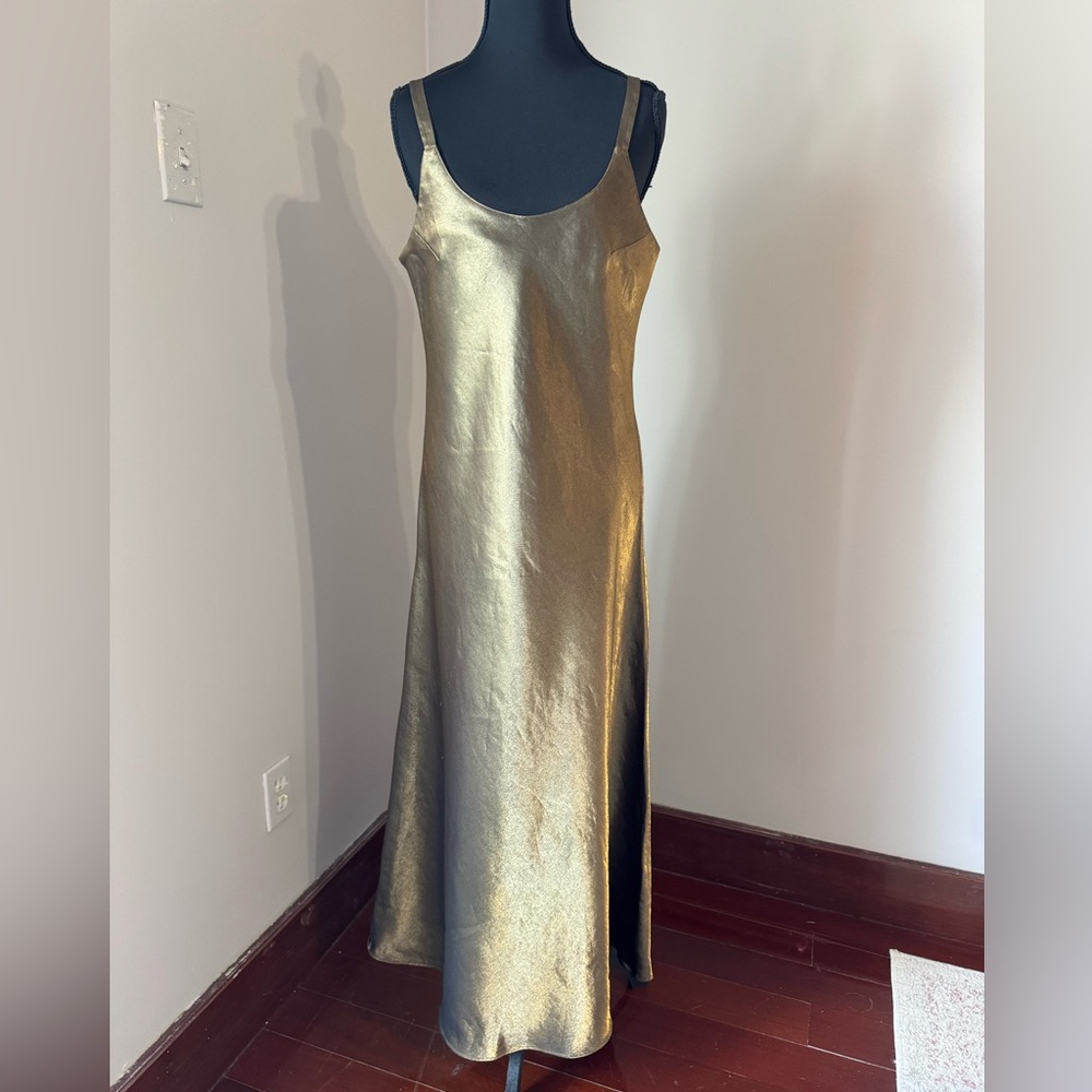 Women's Metallic Lustrous Gold Maxi Dress Size Medium Old Hollywood Glamour
